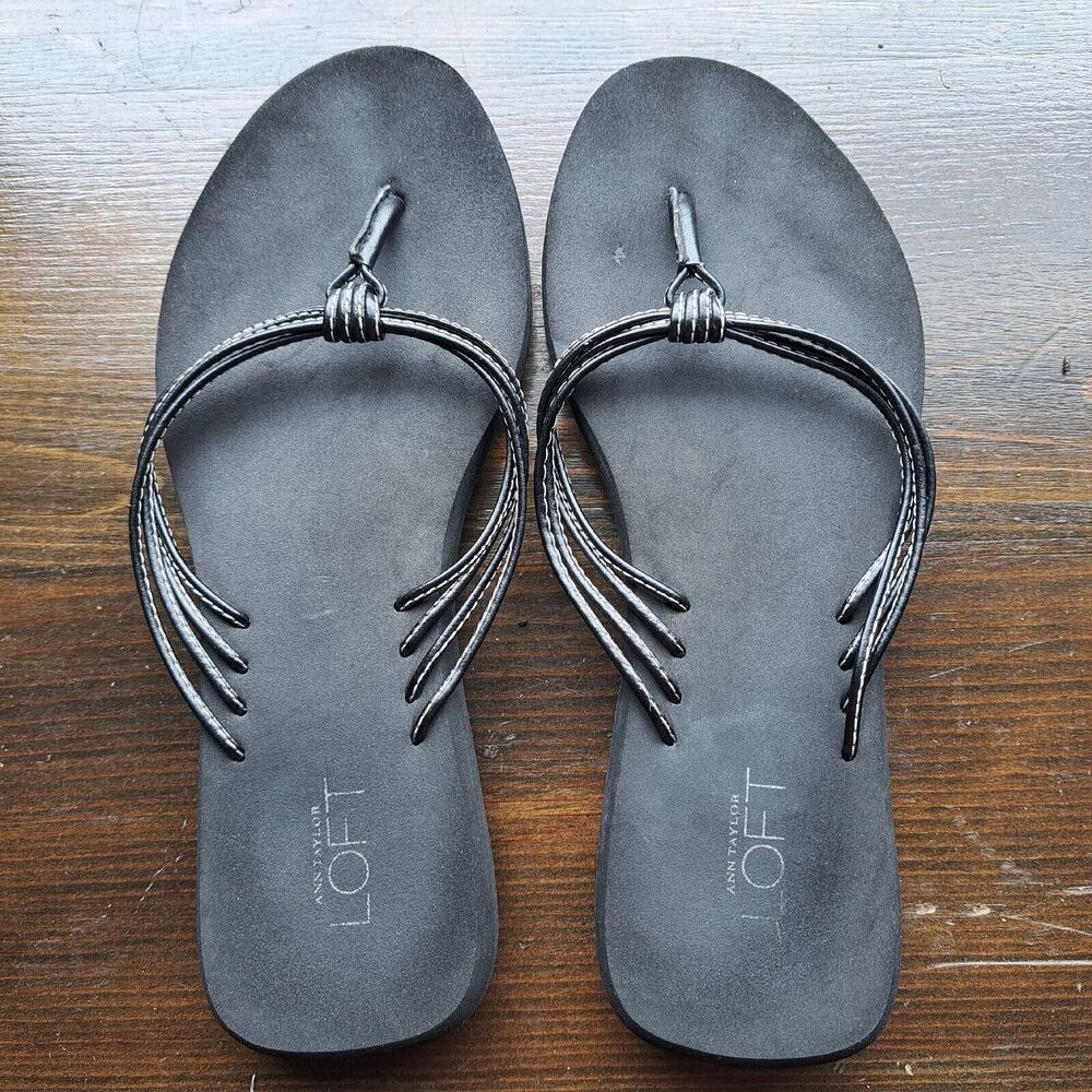 ANN TAYLOR LOFT BLACK THONG FLIP FLOPS SANDALS WOMENS SIZE 5.5 WHITE STITCHING